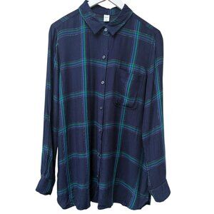 Old Navy Plaid Button Down Shirt Womens Large Navy Silver Tartan Top Rayon